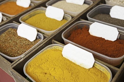 Exotic spices in a market, detail of ingredients for cooking, aroma and flavor