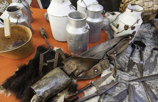 Tools for working with cows, detail of a traditional cowherd, farm