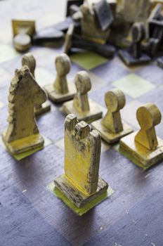 Pieces wooden chess, detail of some old wooden pieces, game of wit