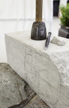 Tools for stone carving, detail of a work craftsman, art and crafts