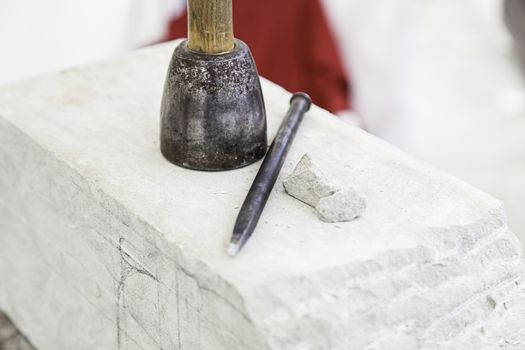 Tools for stone carving, detail of a work craftsman, art and crafts