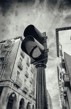 Red traffic light for cars, detail of a traffic signal, prohibition