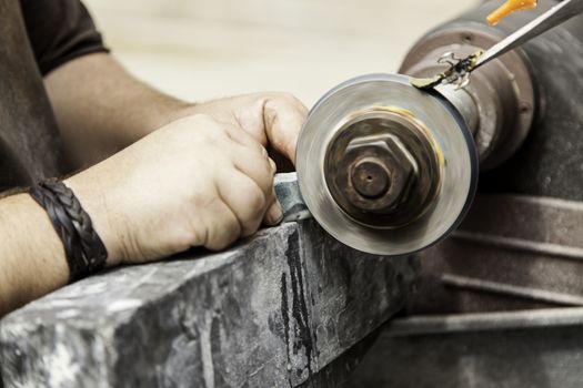 Lathe for glass, detail of tool for working with glass