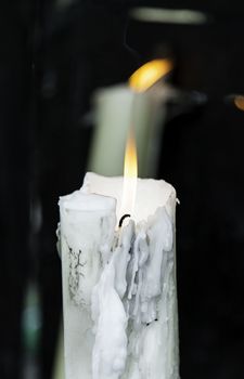 Candle, flame, detail of burning candle, melted wax, fire