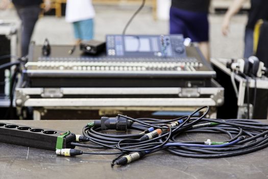 Cables mixer, detail of musical control instrument at a concert