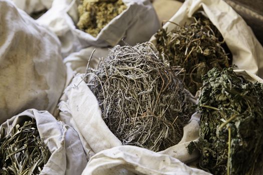 Aromatic herbs in a market, detail of herbal medicine and condiments, aroma and taste, health