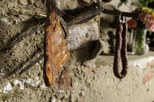 Ready to eat pork meat, detail of typical Spanish sausages, fatty food