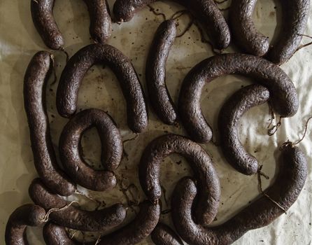 Dry pork sausage ready to eat, rich sausage detail