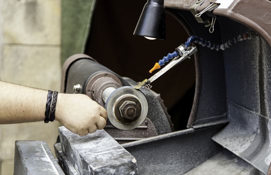 Lathe for glass, detail of tool for working with glass