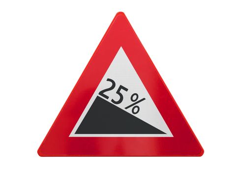 Traffic sign isolated - Grade, slope 25% - On white