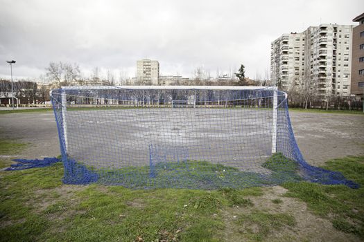 Football field in the city, detailed urban football game, urban sport