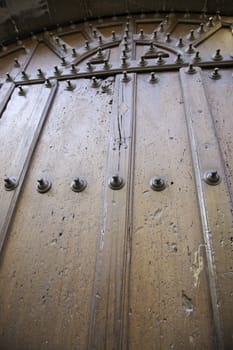 Medieval wooden door, detail of ancient and classical decoration, wood damaged