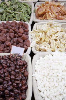 Dried fruits, nuts detail on the market, healthy living food, candy, diet