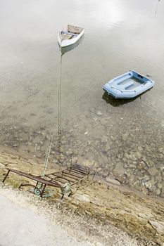 Old fishing boats, detail of a boat at sea, transport and fishing