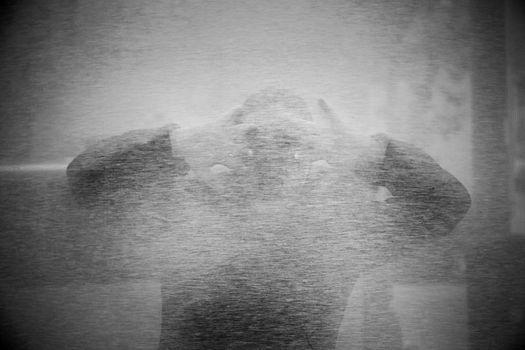 Woman behind the curtain, hidden detail of a woman, terror and fear