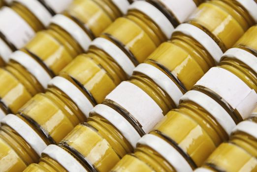 Details of preserved glass jars with food, food convevation detail