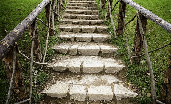 Old stairs in a green forest, detail of access to the dark forest