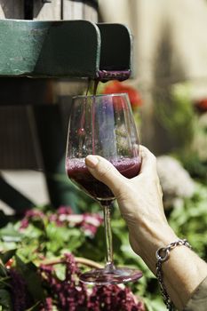 Filling a glass with wine, detail of alcoholic grape drink