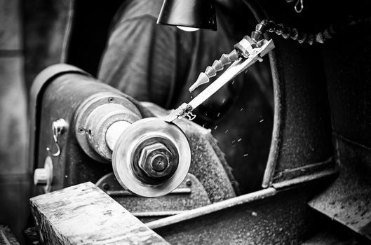 Lathe for glass, detail of tool for working with glass