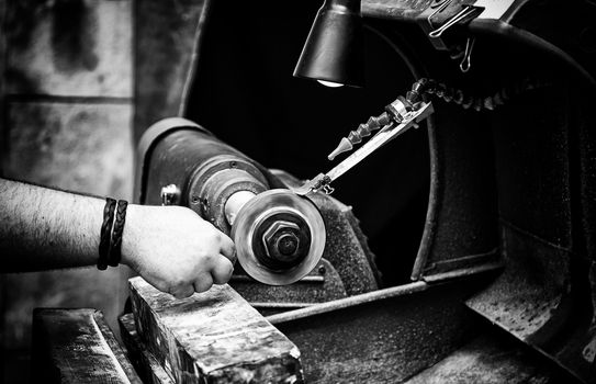 Lathe for glass, detail of tool for working with glass