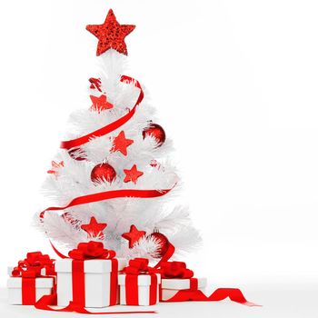 White christmas tree with red decorations and presents isolated on white background
