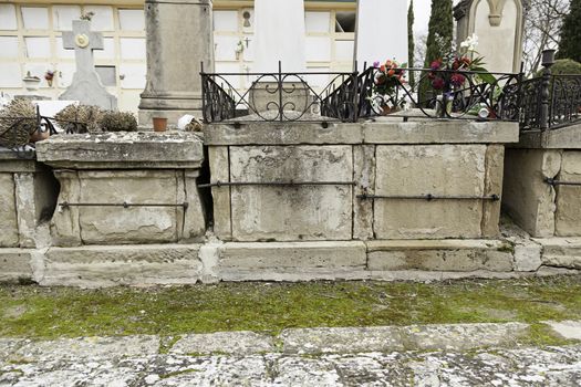 Gothic Cemetery with graves, detail some old abandoned tombs, Christian history, tradition