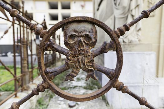 Rusty metal skull in a cemetery, detail of an ancient ornament on a grave