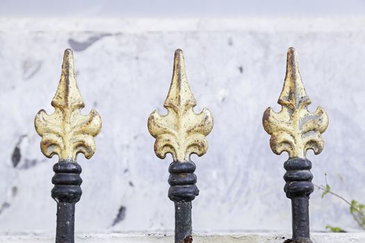 Gold painted metal gates, metal railings detail of a painted and decorated, safety and security