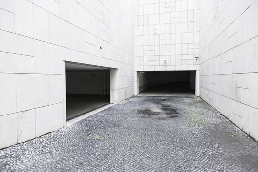 Garage doors in a modern building, detail of a modern building in the city