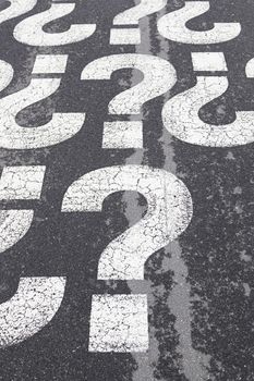 Sign question on asphalt, detailed interrogation signal, information