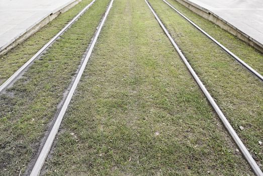 Tram tracks in the grass, detail some rails for a train in the city, public transport