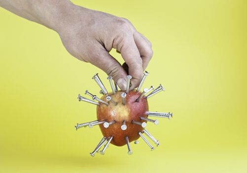 Fresh apple with cloves, fruit punctured detail tipped steel, iron and board