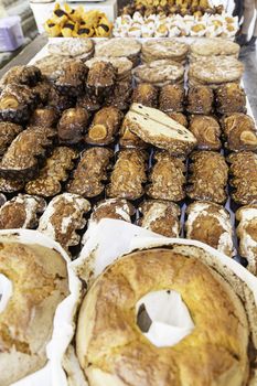 Homemade biscuits flavors, detail of a typical dessert in a market, sweet and juicy