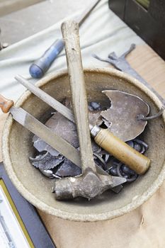 Stone carving tools, detail of some tools for working stone, art craft and manual