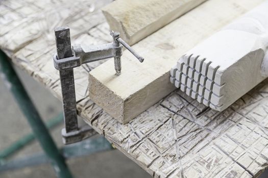 Stone carving tools, detail of some tools for working stone, art craft and manual