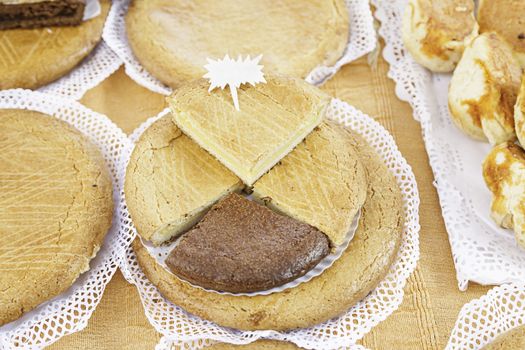 Typical Spanish cream homemade pie, a sweet dessert detail of artisan food in a street market