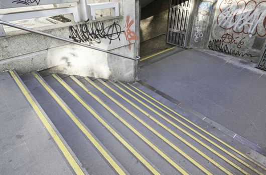 Stairs to the Lisbon Metro, detail of the entrance to the underground public transport