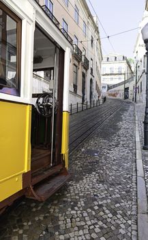 Ancient and Old Lisbon tram, detail of an ancient means of transportation around the city, monument of Lisbon