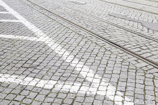 Vias of a tram in the city, detail of an old via Lisbon, old urban transport, tourism and transport