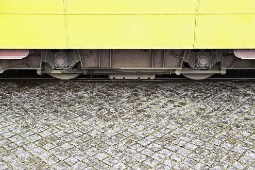 Detail of tram wheels, old urban transport in the city of Lisbon