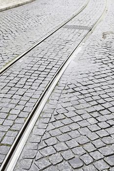 Vias of a tram in the city, detail of an old via Lisbon, old urban transport, tourism and transport