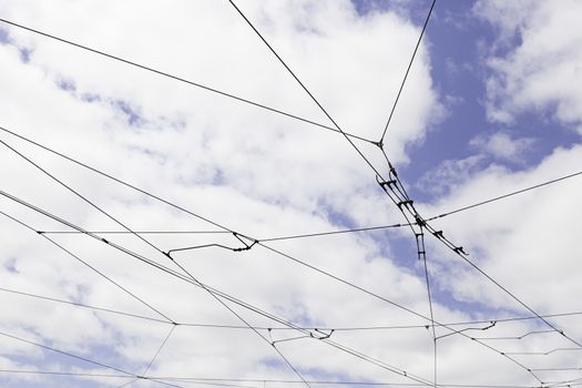 Cables tram in Lisbon, detail of electricity cables to transport the city