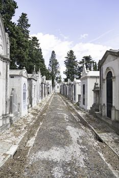 Old cemetery in the city of Lisbon, detail of a Christian tombs, ancient art in the city, holy place