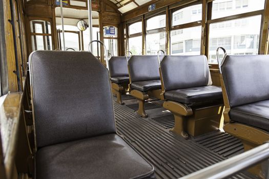 Interior of a tram in Lisbon, interior detail of a classic city transport