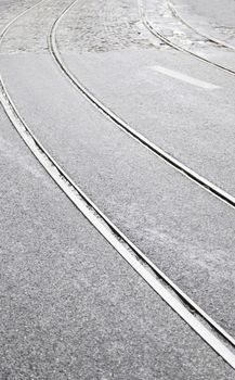 Tram tracks on a street in Lisbon, detail of a route for public transport in the city