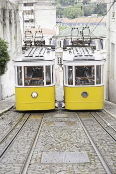 Old trams in Lisbon, detail of an old city transport, ancient art, tourism in the city