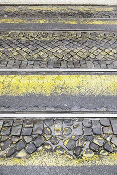 Tram tracks, detail Pathways for public transport in the city, Old Lisbon tram