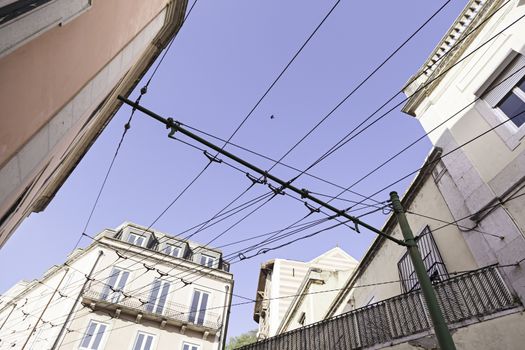 Streets of Lisbon typical cable tram, detail of the streets of Lisbon, tourism in the city