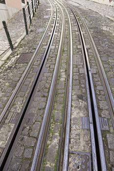 Tram tracks in the city, a detail metal rails for the tram, urban transport