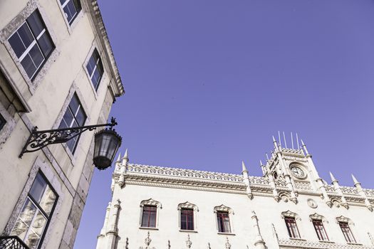 View of the Rossio station in Lisbon, detail of an old classic building in Portugal, monument